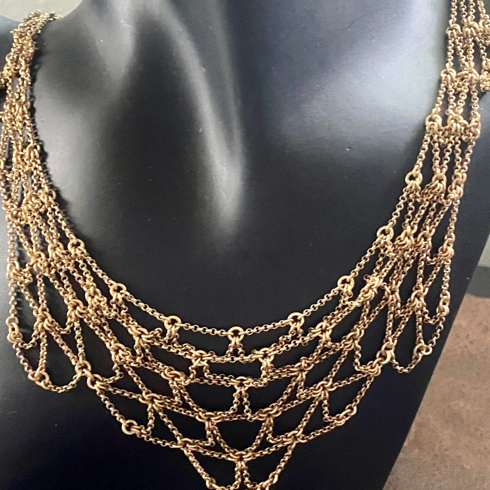 “1937” Vintage inspired brass tone Layered chainmail or mesh style bib necklace - Picture 2 of 5